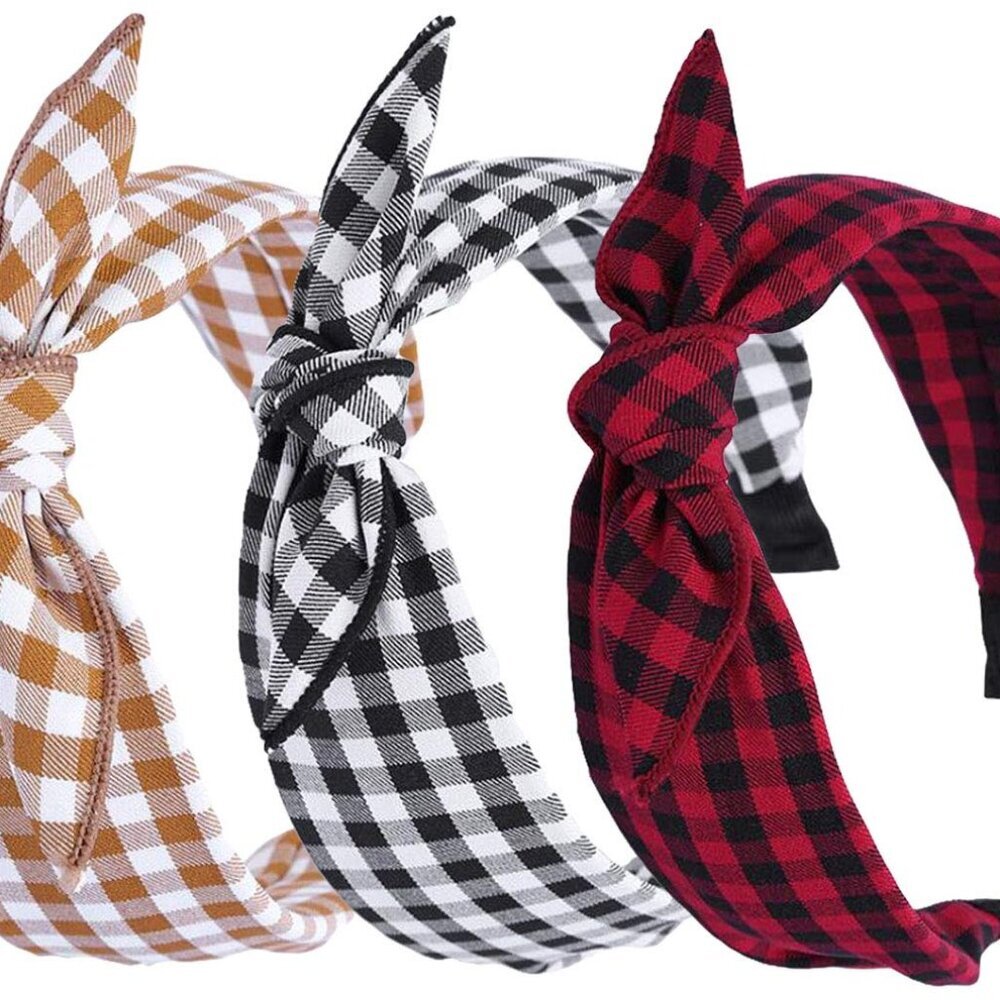 Womens Vintage Plaid Headbands Headwraps Hair Band with Bow Pack of 3
